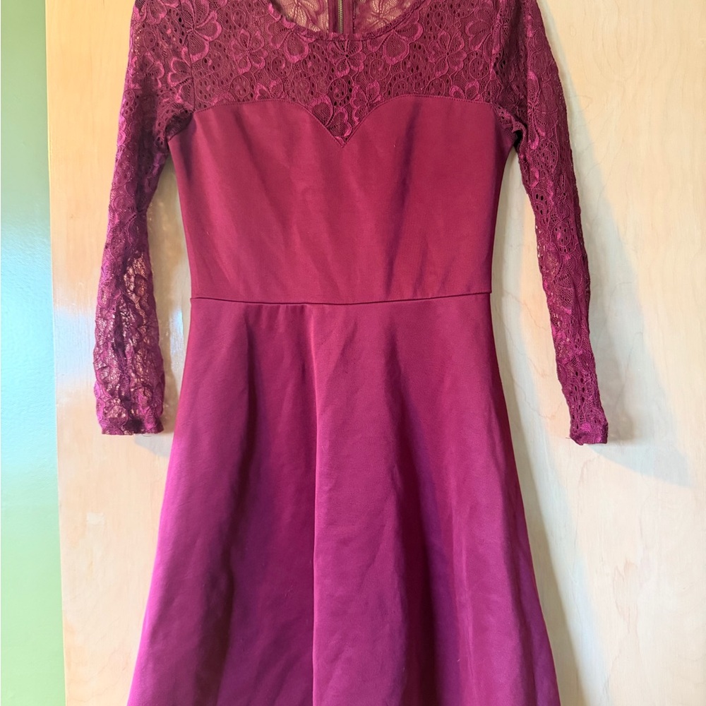 BONGO Burgundy Lace Bodice Long-Sleeve Party Dress